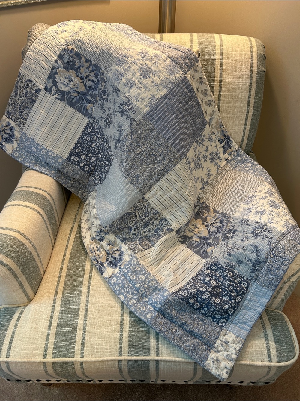 Laura Ashley Quilted Patchwork King Pillow Sham Blue & White Florals, Stripes